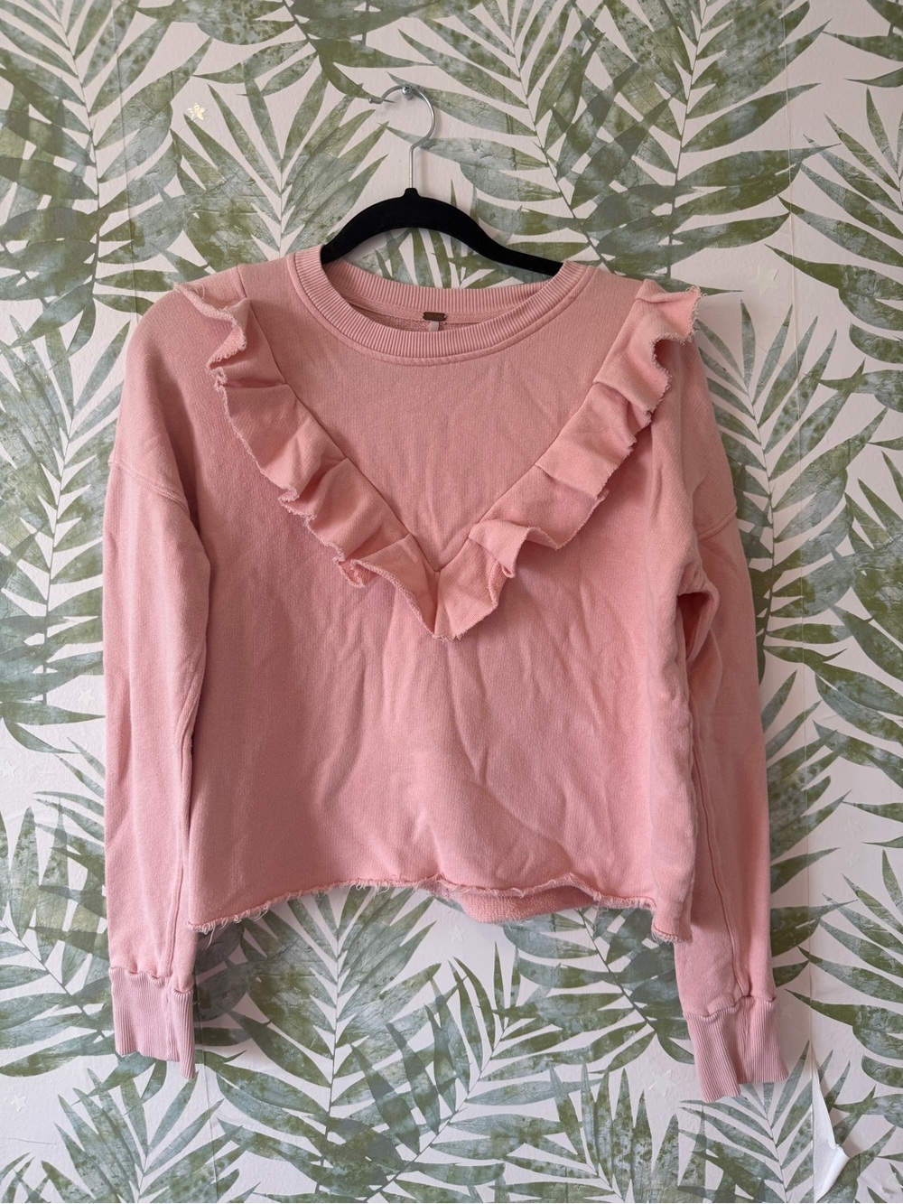 Free People Pink V-Ruffle Crew Sweatshirt